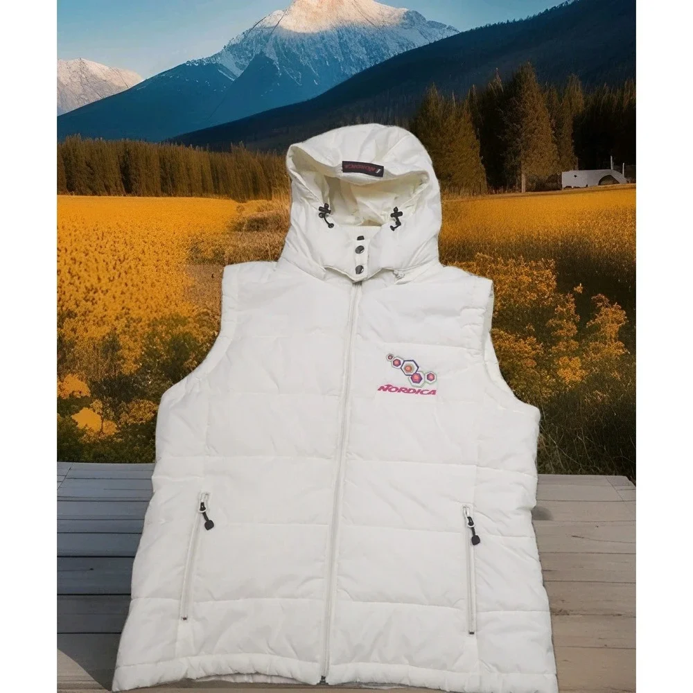 Nordica Puffer Vest Women Large White Excellent Hooded Embroidered Ski Gorpcore